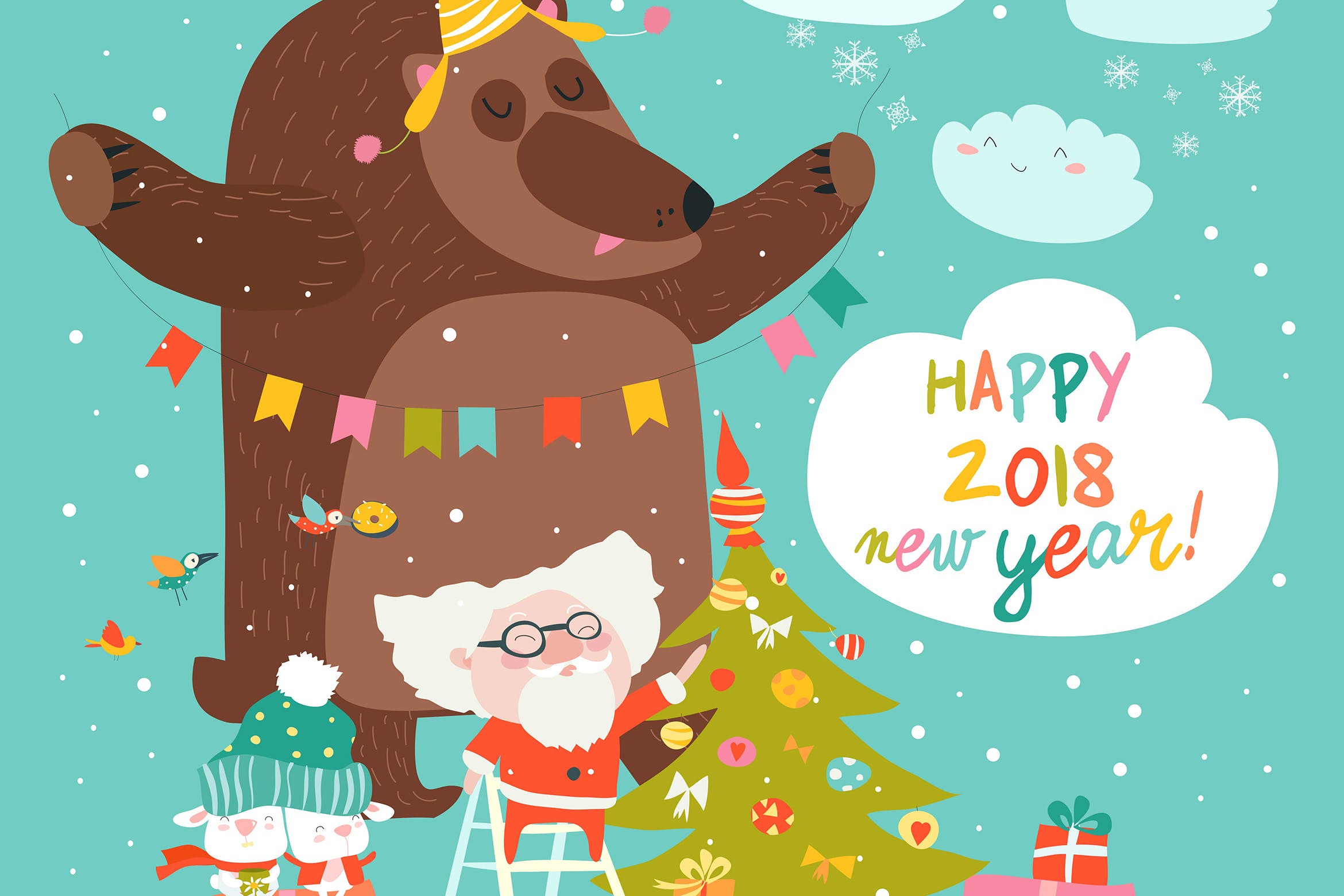 圣诞老人与熊圣诞贺卡矢量设计模板 Vector Christmas card with santa claus and bear