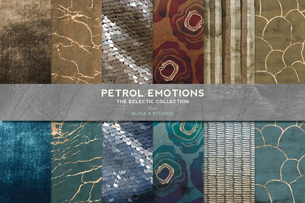 非常有质感大理石、金属鳞片&地址纹理 Petrol Emotions Gold Marble & Geodes