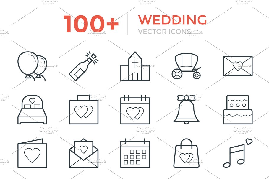 100多个婚礼/婚庆线型矢量图标  100+ Wedding Vector Icons