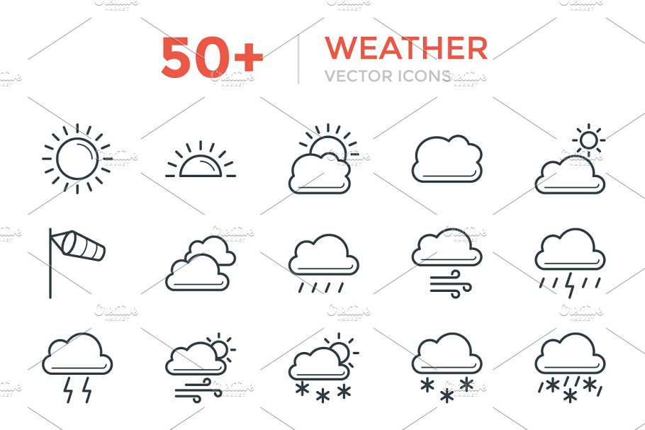 50+天气预报符号线条ico图标 50+ Weather Vector Icons