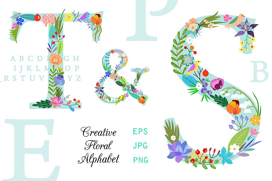 明亮花卉装饰字母素材 Bright Floral Alphabet. EPS and PNG
