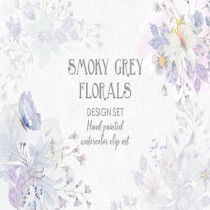 烟灰色水彩花卉手绘图案PNG素材 Smoky Grey Florals Watercolor Design Set插图1