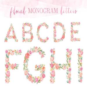 26个水彩拼花字母剪贴画 Monogram Floral Alphabet Letters