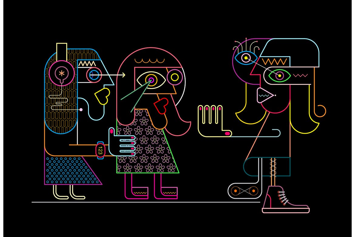 邀请拒绝抗拒场景抽象彩色线条艺术矢量插画素材 Woman Stops Two Girlfriends vector illustration