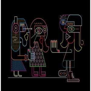 邀请拒绝抗拒场景抽象彩色线条艺术矢量插画素材 Woman Stops Two Girlfriends vector illustration