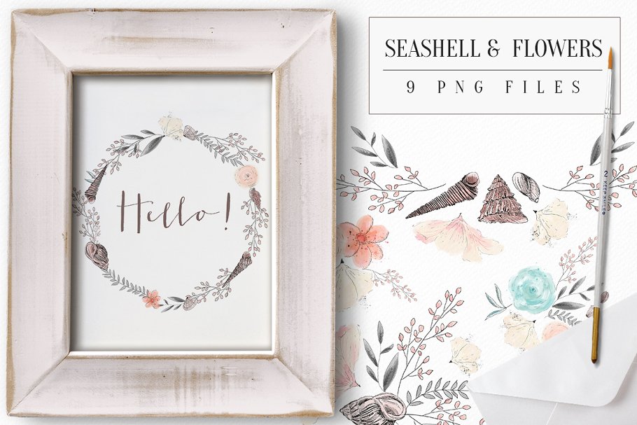 贝壳与花卉手工剪贴画 Seashell and Flowers