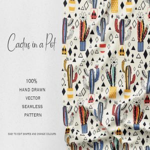 仙人掌手绘图案无缝贴图纹样背景设计素材 Cactus in a pot on milky white