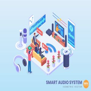 智能音频系统场景2.5D等距概念矢量插画 Isometric Smart Audio System Vector Concept