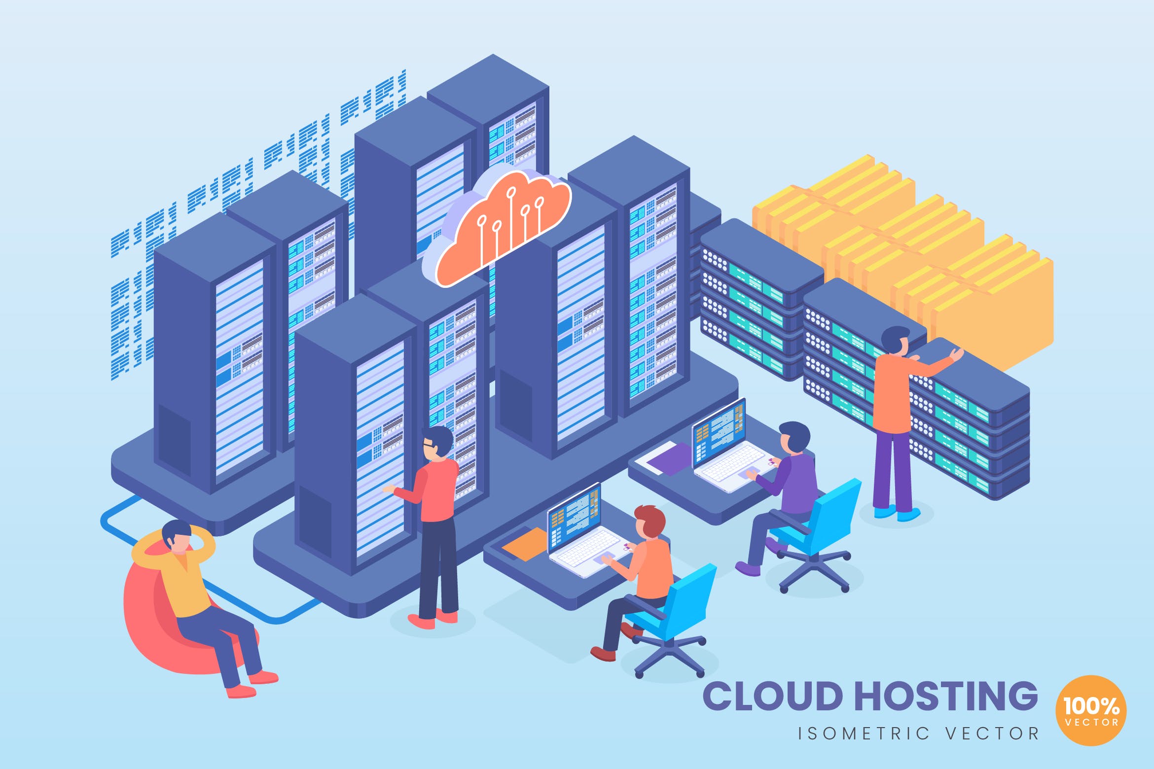 云服务器技术等距矢量概念插画素材 Isometric Cloud Hosting Technology Vector Concept