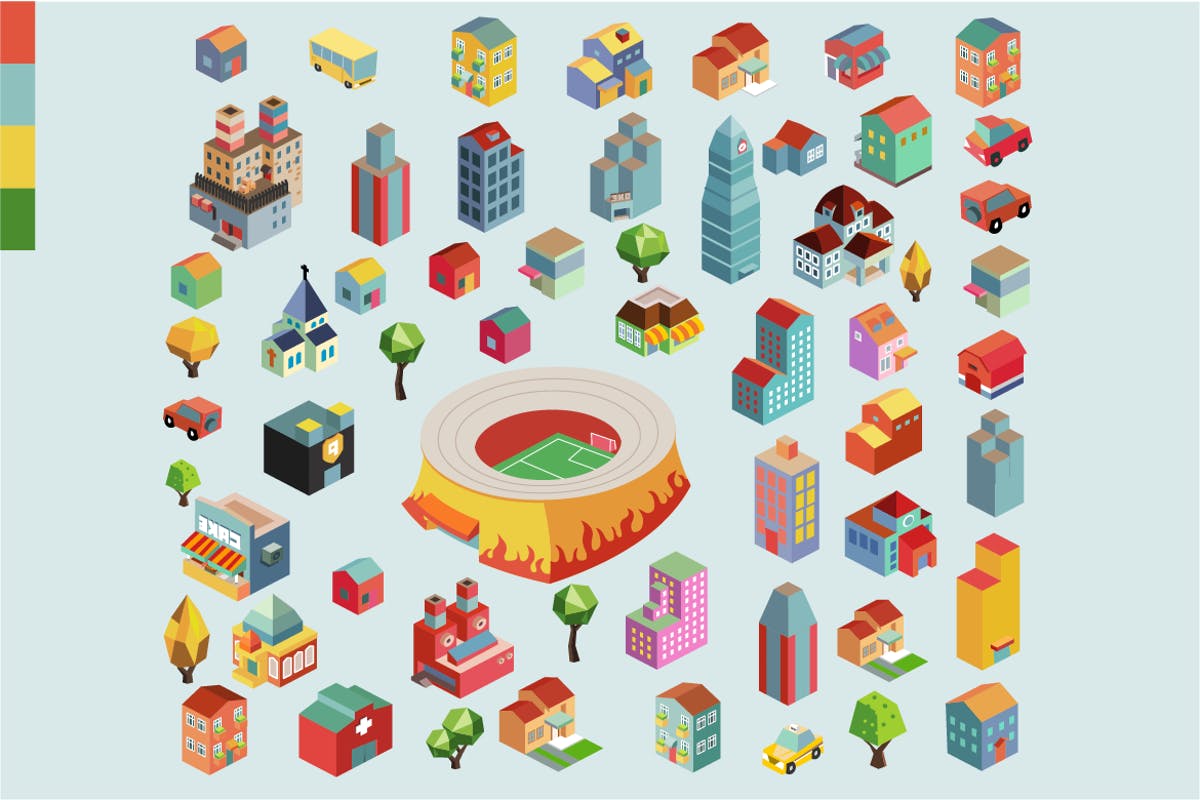 多彩等距城市场景矢量插画v3 Colorful vector isometric city