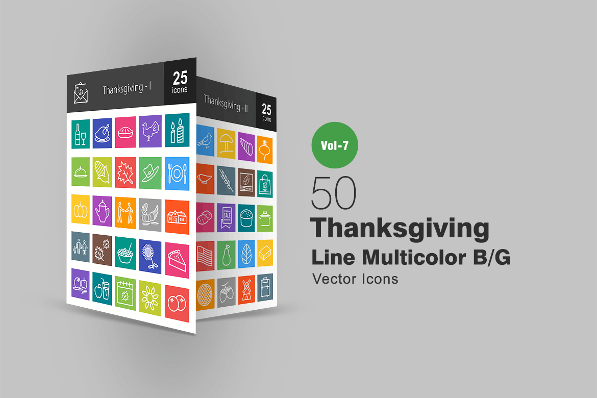 50枚感恩节系列多色B/G图标设计素材 50 Thanksgiving Line Multicolor B/G Icons