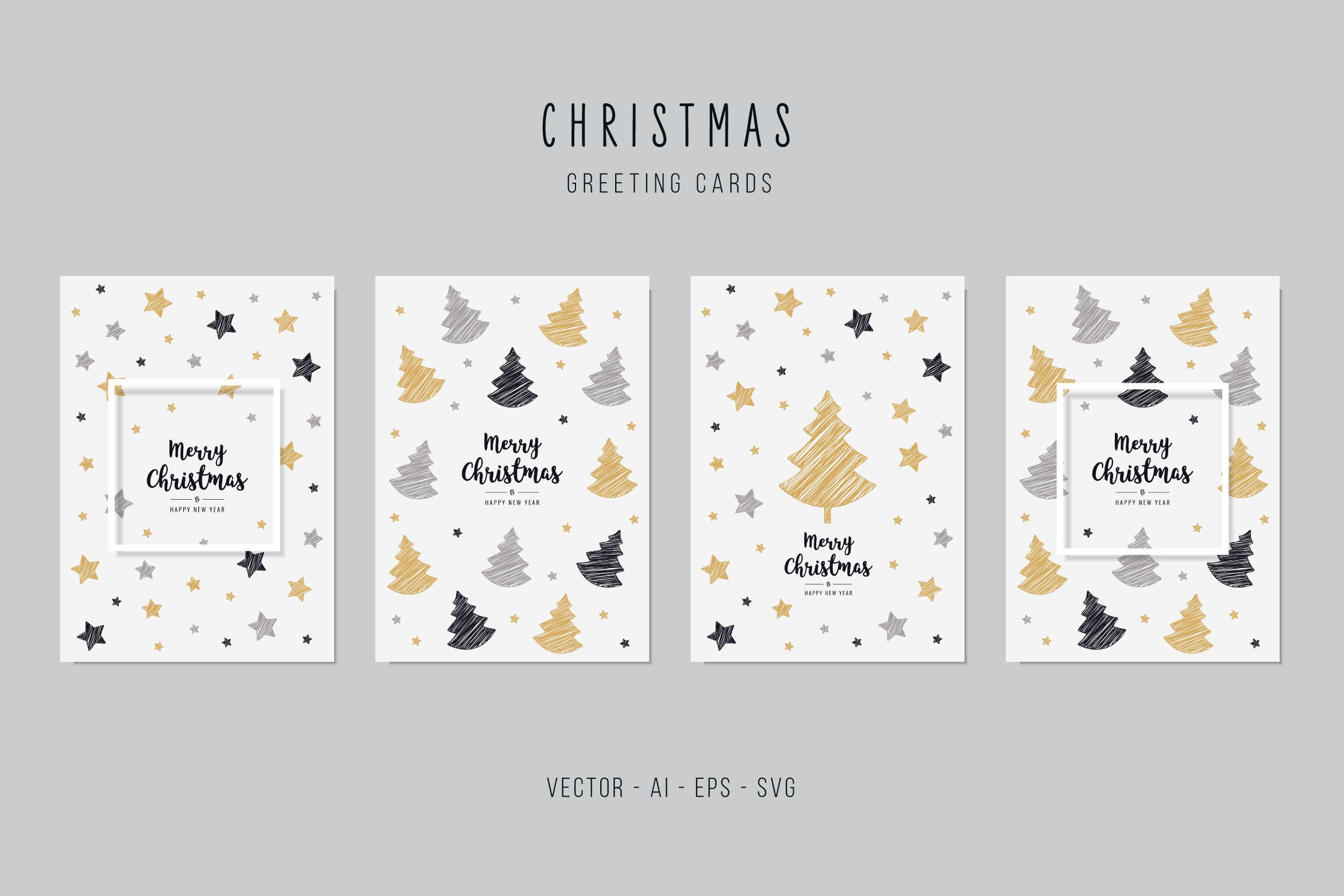 星星&圣诞树图案背景圣诞节矢量贺卡设计模板 Christmas Greeting Vector Card Set