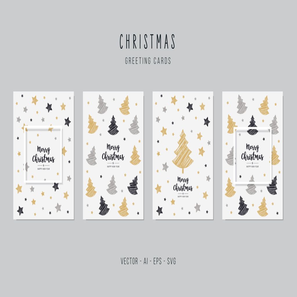 星星&圣诞树图案背景圣诞节矢量贺卡设计模板 Christmas Greeting Vector Card Set插图