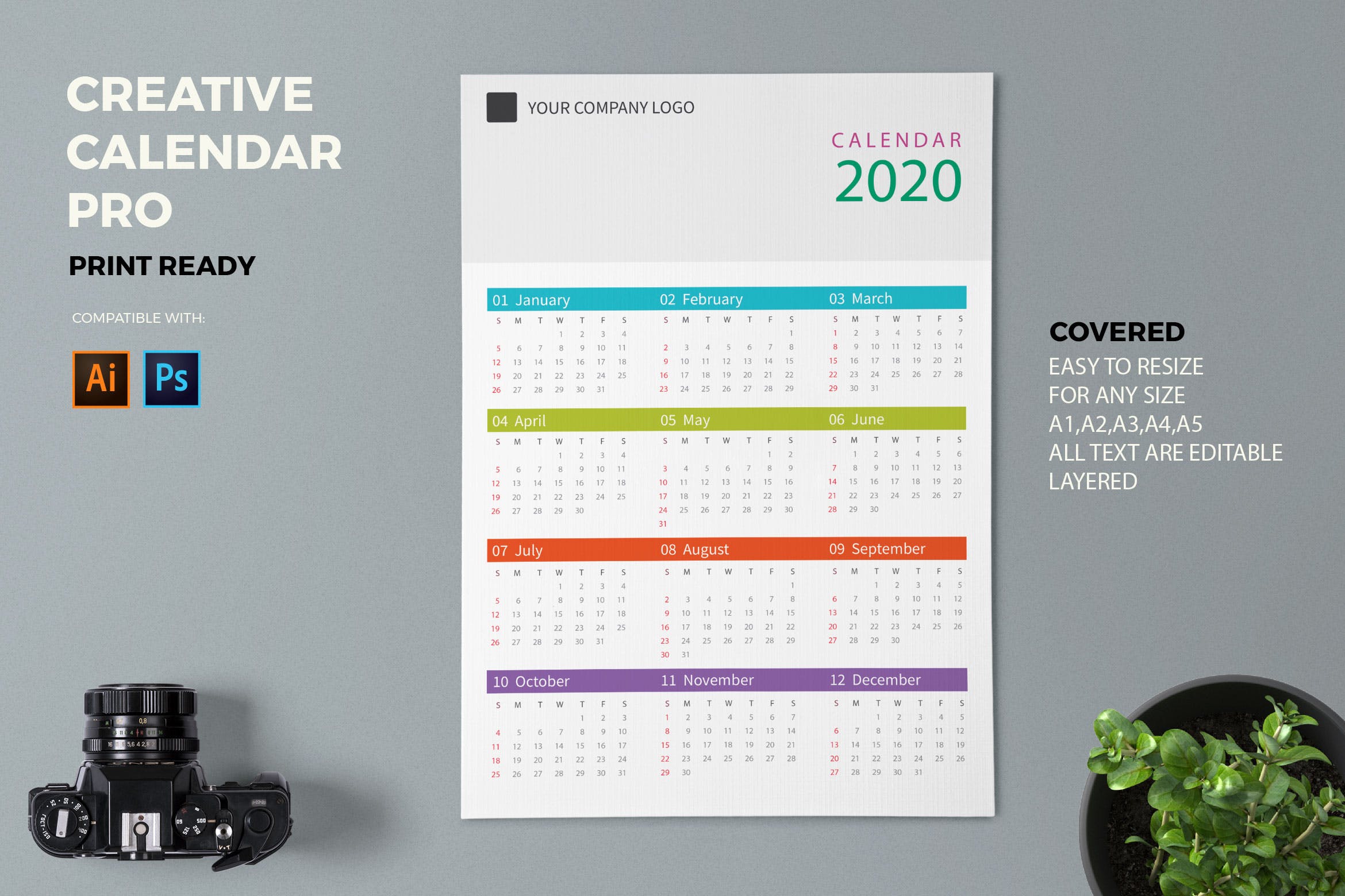 彩色表格版式2020日历表年历设计模板 Creative Calendar Pro 2020