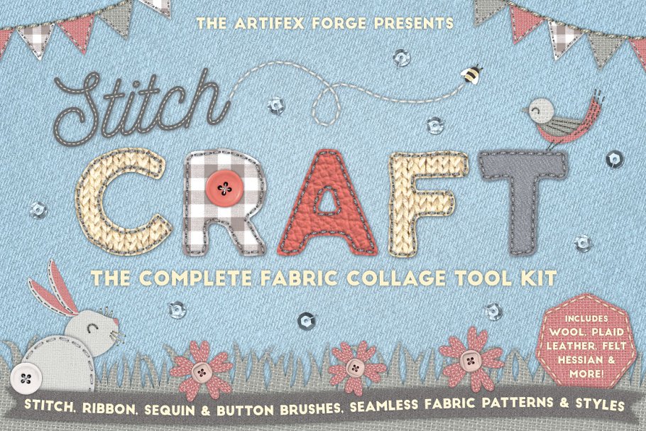 缝制手作工艺图案设计素材合集[2.32GB, 纹理/图层样式/笔刷] Stitch Craft – Brushes Styles & More