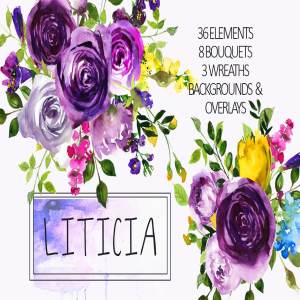 紫罗兰水彩剪贴画合集 Purple Violet Flowers Clipart Set