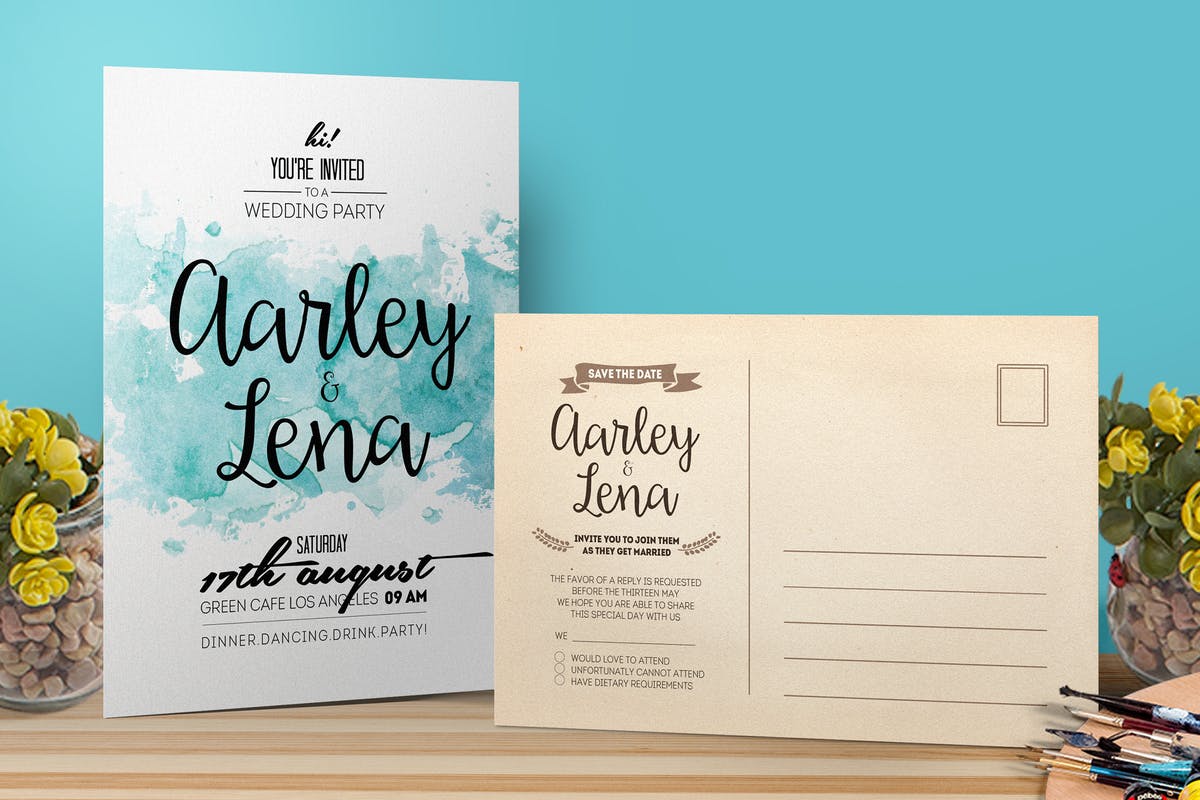 水彩元素婚礼邀请函设计模板 Watercolor Wedding Invitation