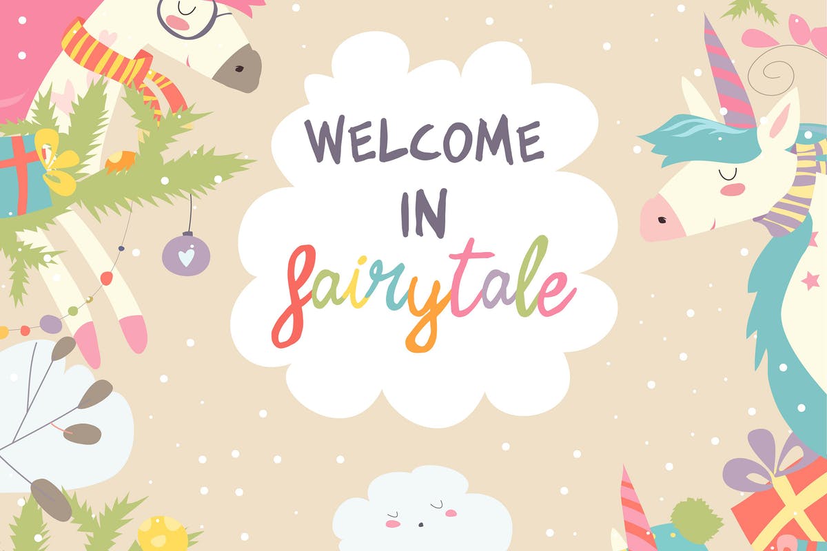 可爱的独角兽和圣诞冬季装饰矢量插画 Cute winter frame with magic unicorns and christma