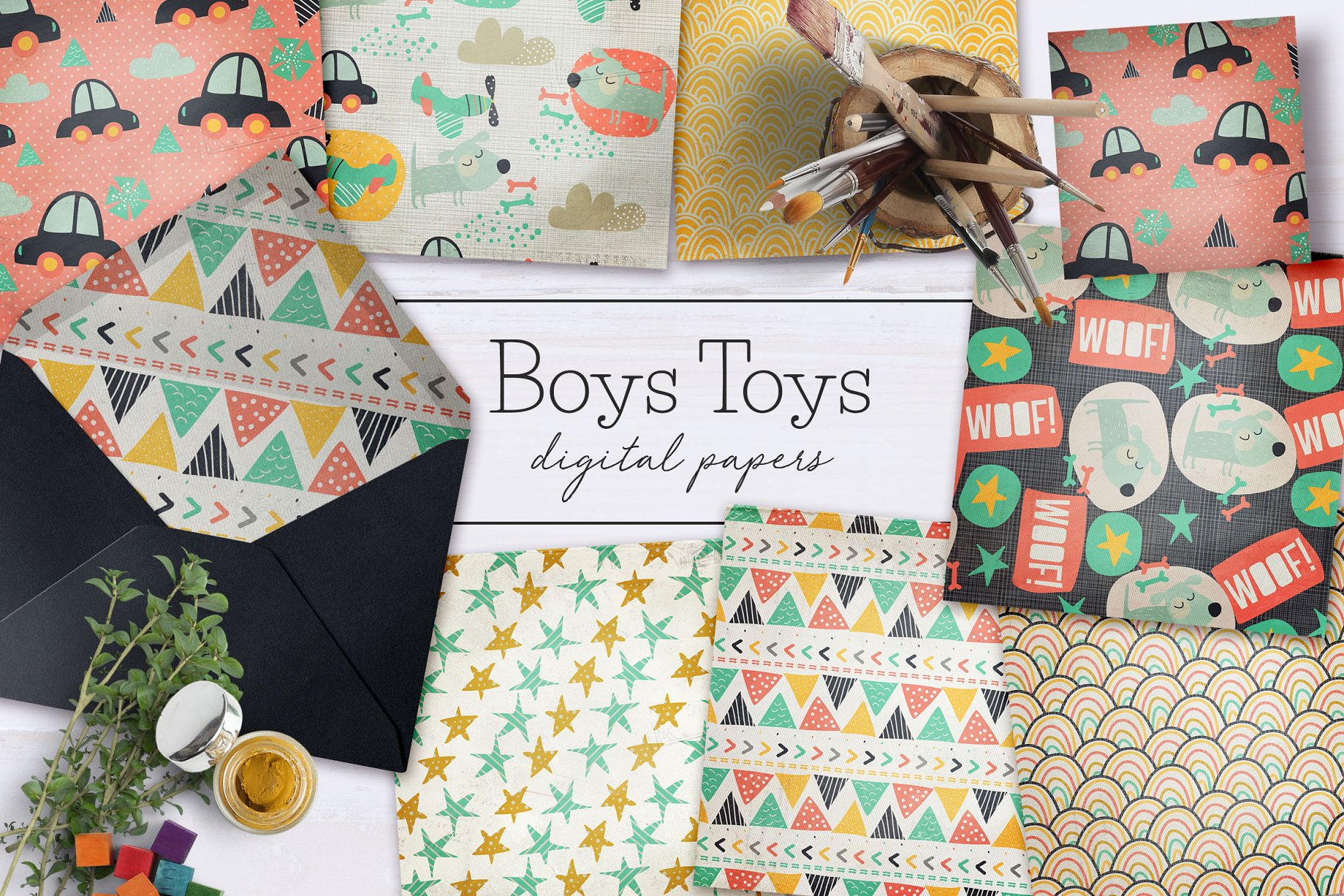 俏皮卡通儿童主题数码纸张纹理 Boys Toys Digital Papers