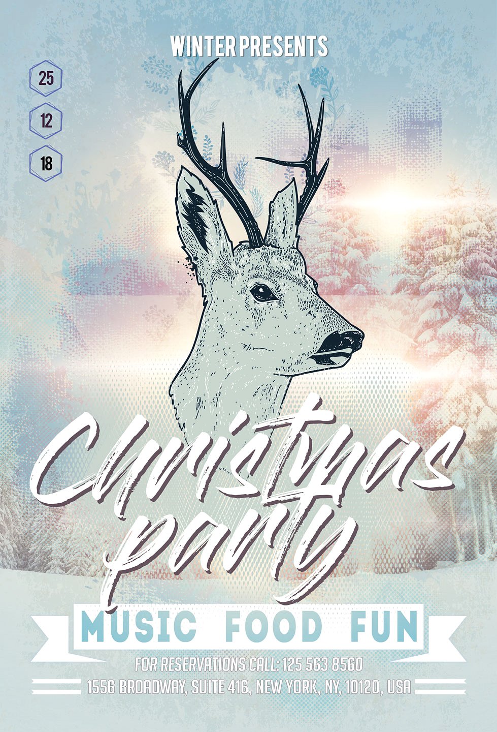 冬季驯鹿风格的圣诞节新年海报模板 Christmas New Year Party Flyer [psd]