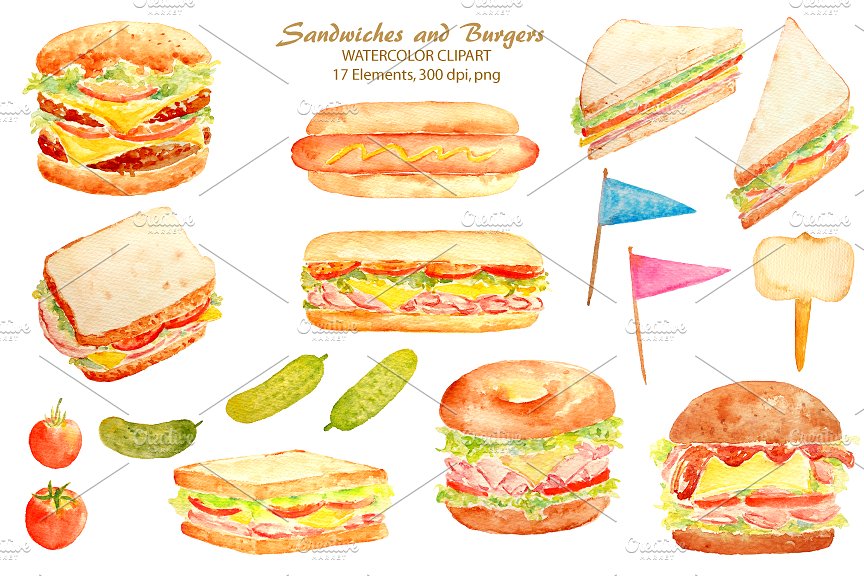 手绘水彩三明治＆汉堡剪贴画 Watercolor Sandwich Burger Hotdog