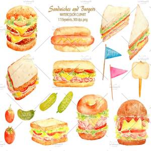 手绘水彩三明治＆汉堡剪贴画 Watercolor Sandwich Burger Hotdog
