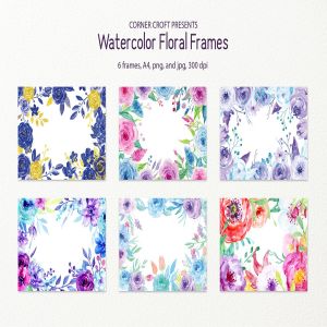 蓝色&紫色水彩花卉框架插画 Watercolor Floral Frame Blue and Purple