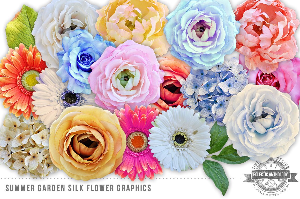 夏日花园丝绸花卉剪贴画 Summer Garden Silk Flowers Graphics