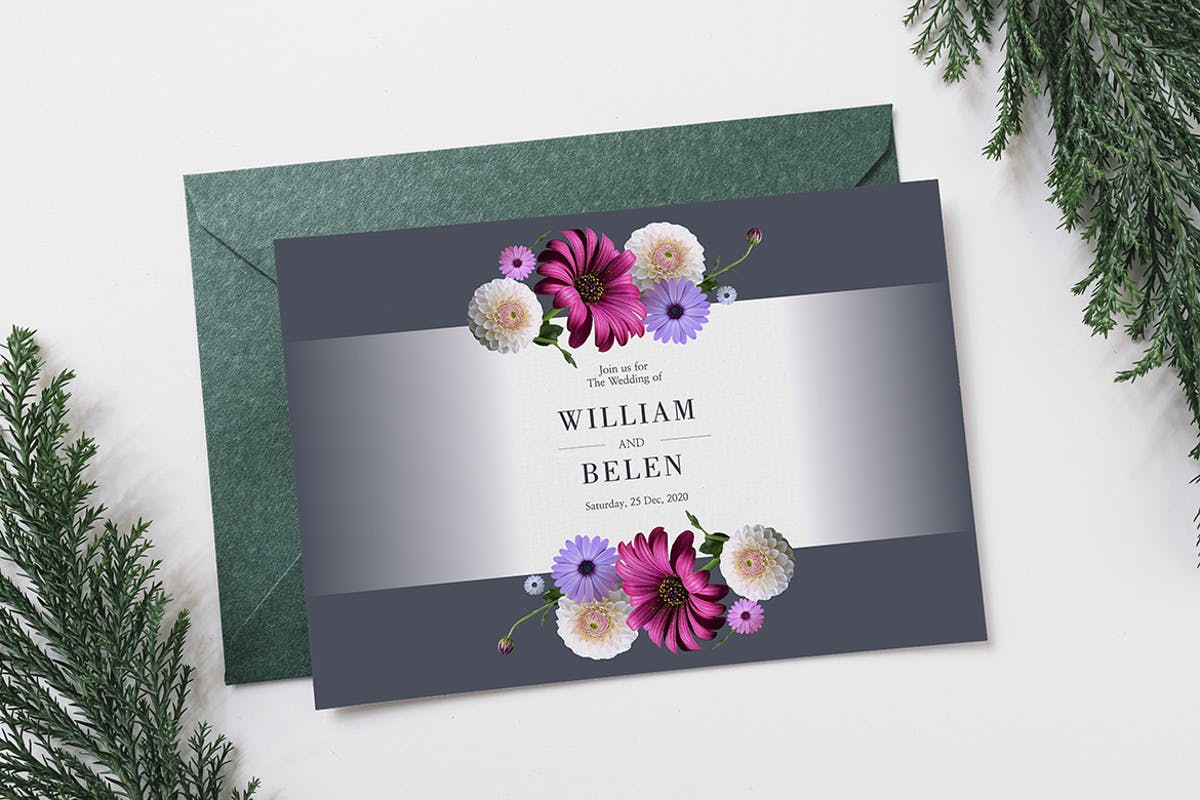 鲜花婚礼婚宴邀请函卡片模板 Floral Wedding Invitation Card