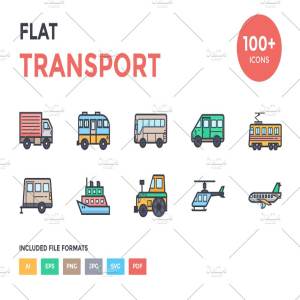 100+扁平化交通工具图标集 100+ Flat Transport Icons Set