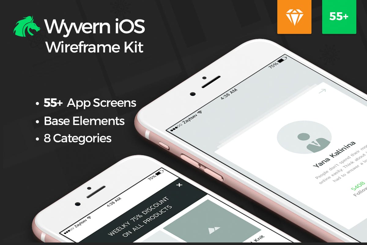 产品演示电商APP应用线框图UI套件 Wyvern iOS Wireframe UI Kit