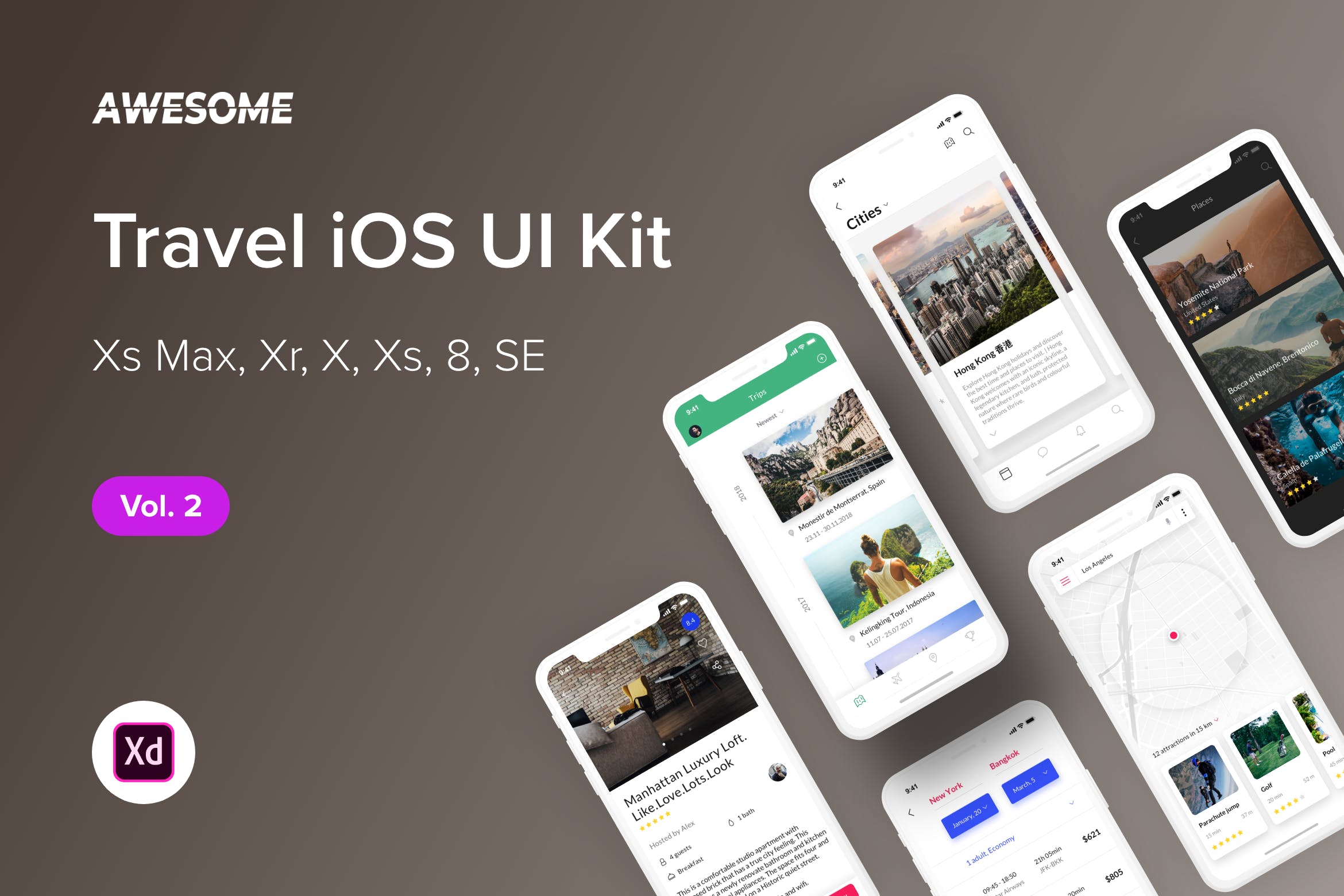 iOS平台旅游类APP应用设计UI套件XD模板v2 Awesome iOS UI Kit – Travel Vol. 2 (Adobe XD)