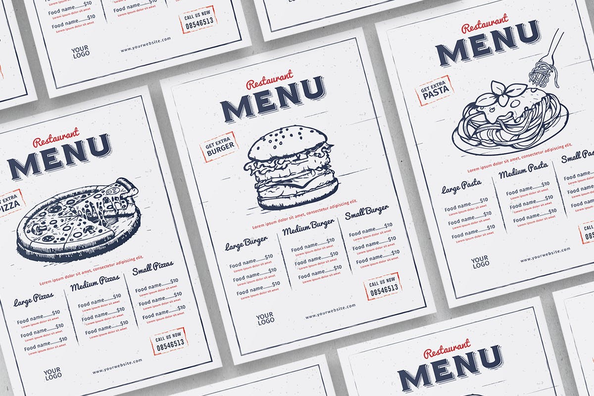 复古素描插画设计风格餐厅菜单设计模板素材 Vintage Restaurant Menu