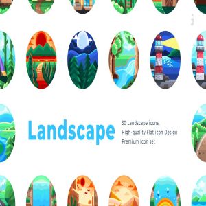 30枚风景景观矢量手绘圆形图标素材 30 Landscape Icons – Flat