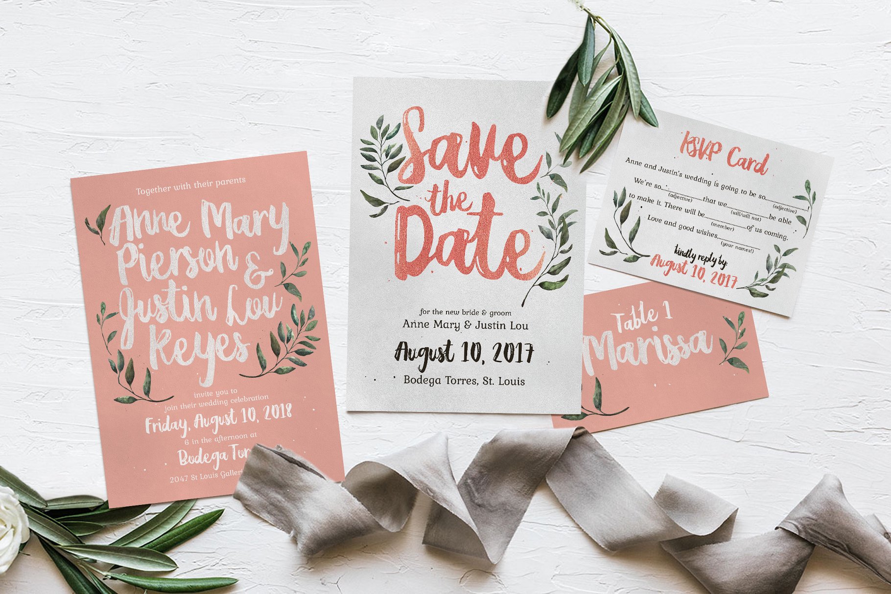 质朴粉色&绿色婚礼设计物料模板 Rustic Pink & Green Wedding Suite