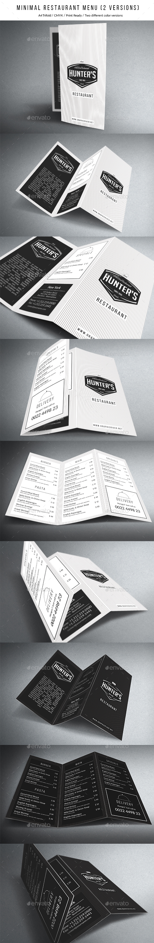 高端极简的A4尺寸三折页食物菜单模板 Minimal A4 Trifold Menu – 2 Versions [psd]