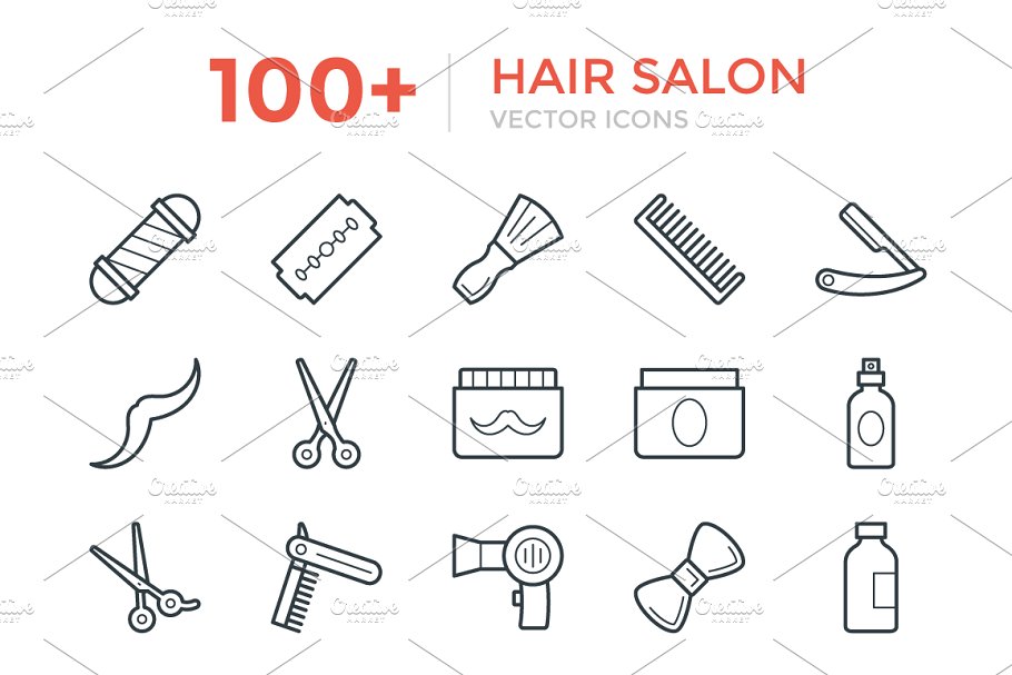 100+美发沙龙主题线条矢量图标 100+ Hair Salon Vector Icons