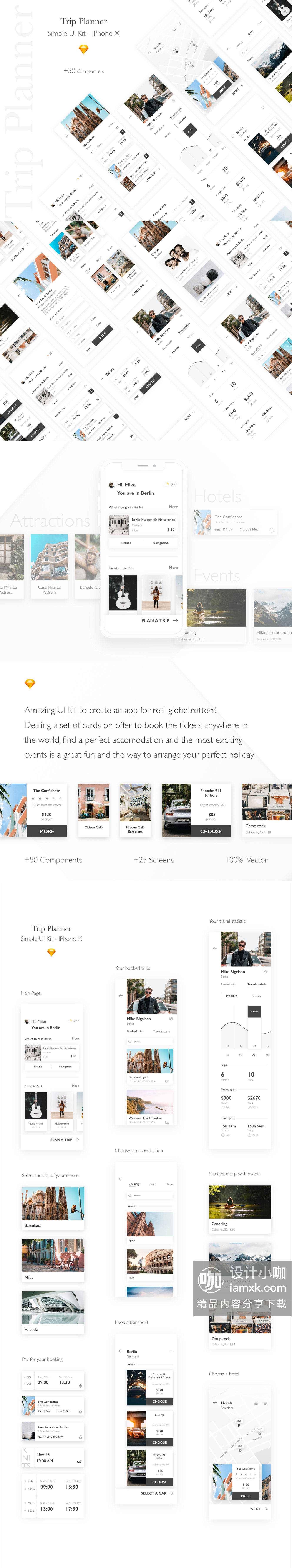 一流设计素材网下午茶：极简主义旅行计划APP UI KIT套装模板下载 [Sketch,iPhone X]