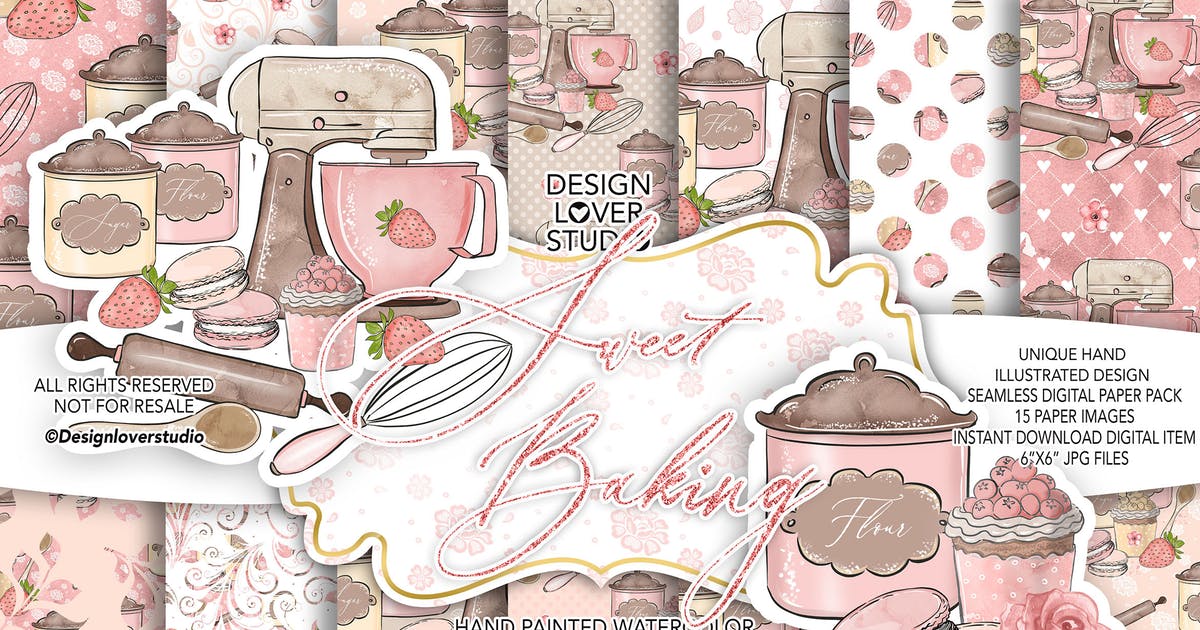美食烘焙烹饪水彩背景图案图片设计素材 Sweet Baking digital paper pack