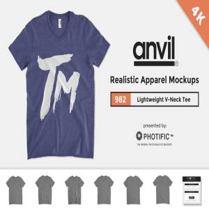 V领T恤样机模板 Anvil 982 Lightweight V-Neck T-Shirt