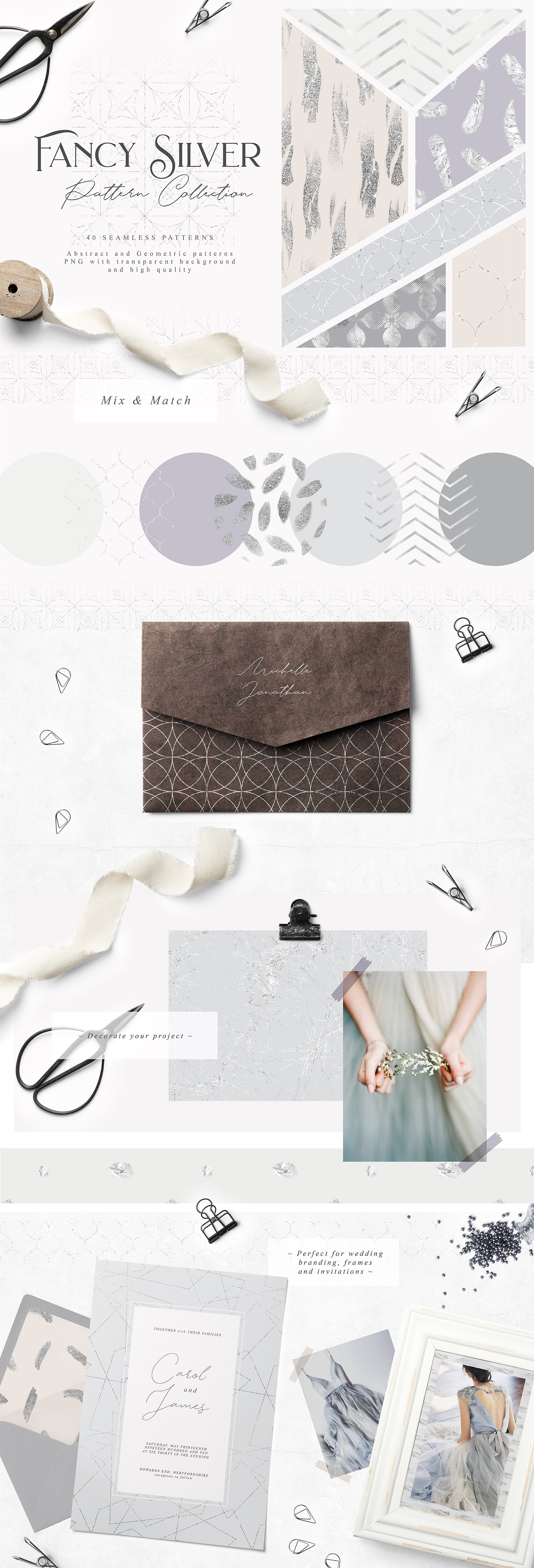 梦幻银色几何图案和抽象线条图案纹理 Fancy Silver Patterns