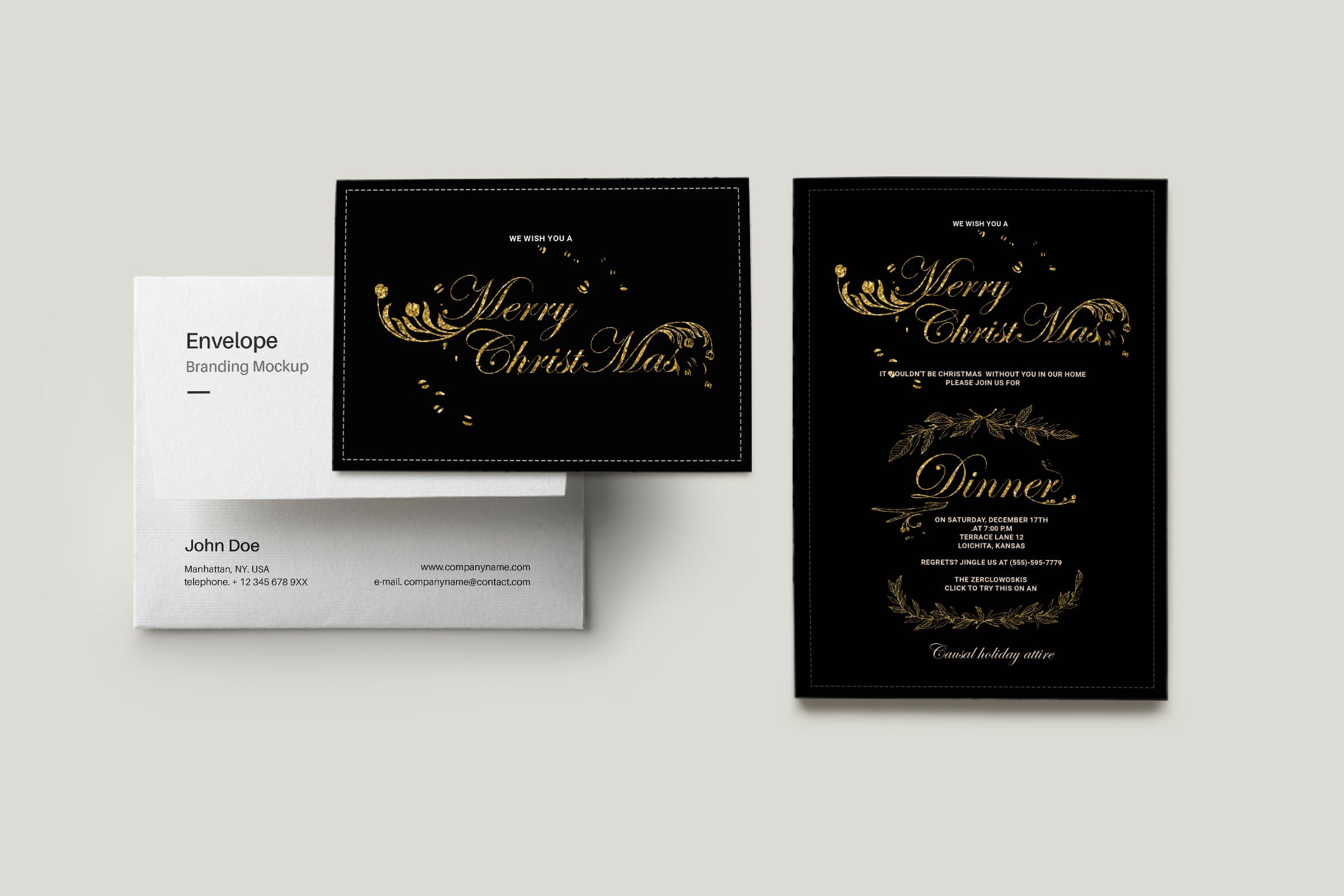 金箔圣诞晚宴请柬与贺卡设计模板 Gold Foil Christmas Dinner Invitation & Greeting