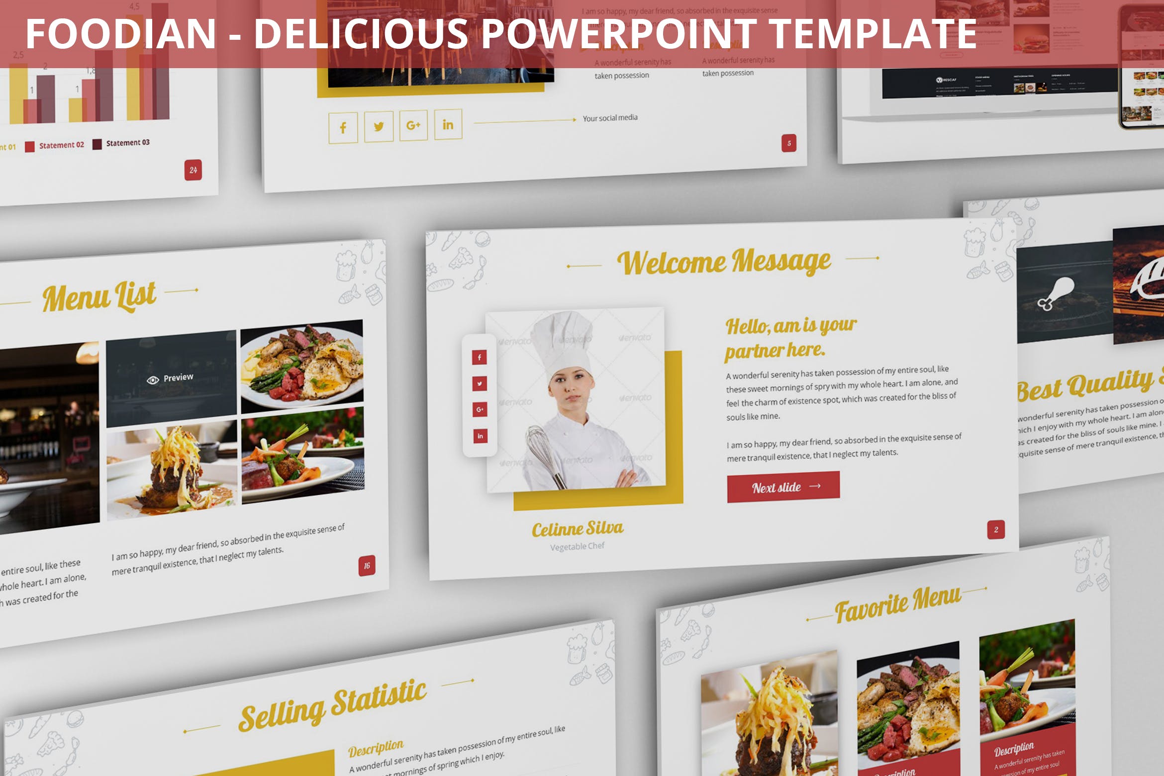 西餐厅宣传/美食培训PPT幻灯片模板下载 Foodian – Delicious Powerpoint Template
