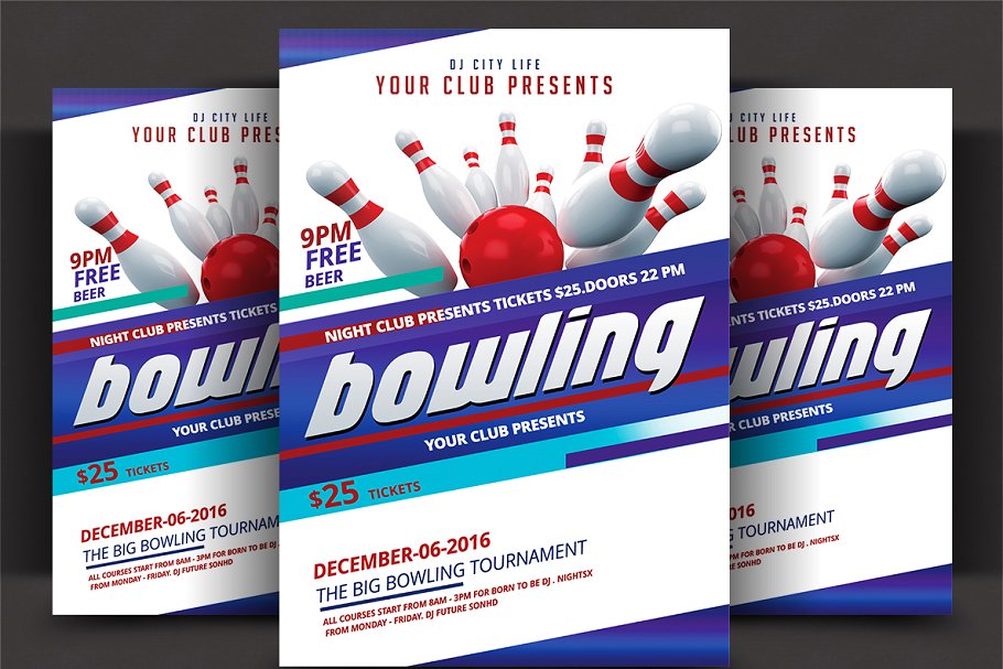 保龄球俱乐部宣传广告海报模板 Bowling Tournament Flyer