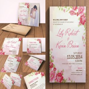 粉红色系水彩花卉婚礼邀请函设计套装模板 Flower Wedding Invitation Pack