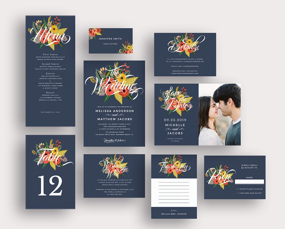 蓝色繁花似锦婚礼设计物料模板 In Between the Blooms on Blue