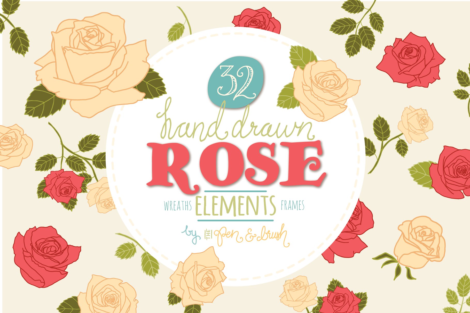 手绘玫瑰花元素矢量插画 Hand Drawn Rose Elements Vector