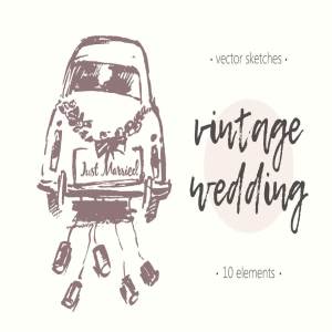 复古婚纱车素描图形 Wedding old fashioned cars
