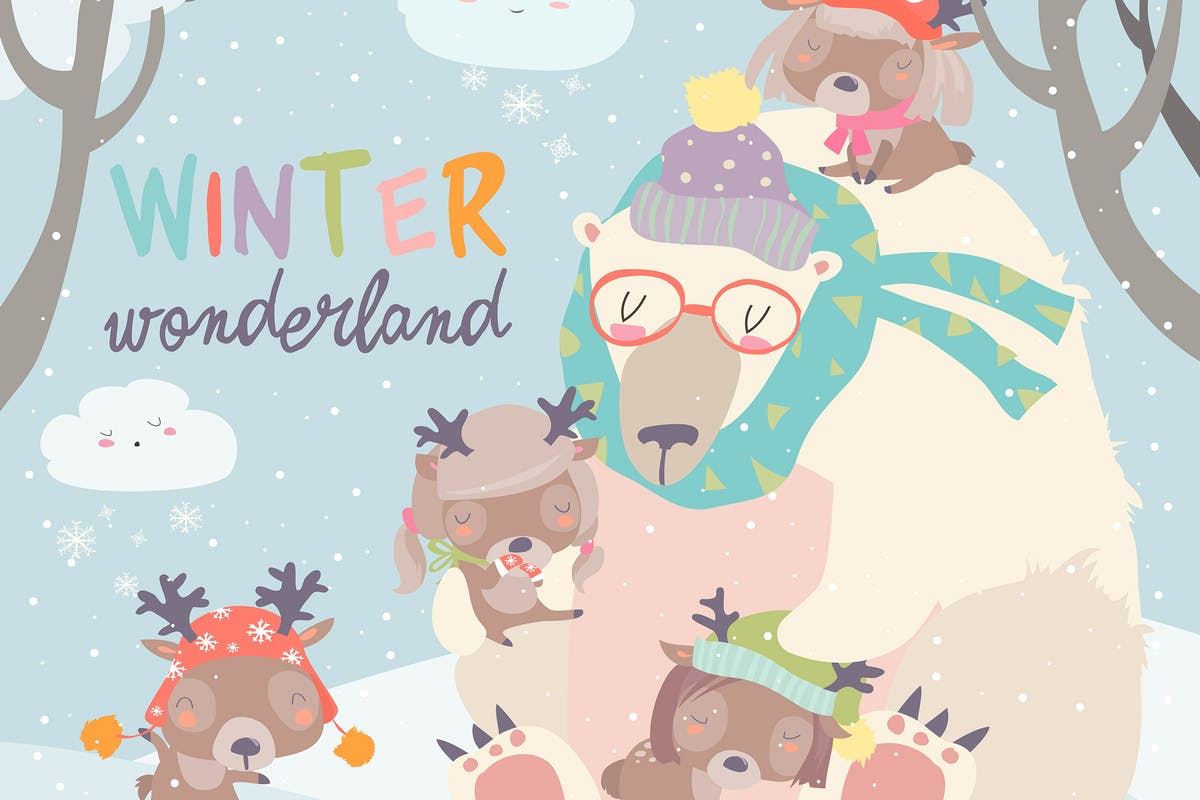 林地里的北极熊和小鹿矢量插画 Polar bear with cute little deers in snow forest.