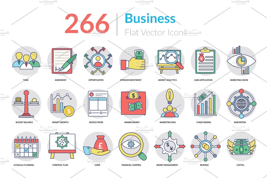 266枚扁平风商业图标 266 Flat Business Icons